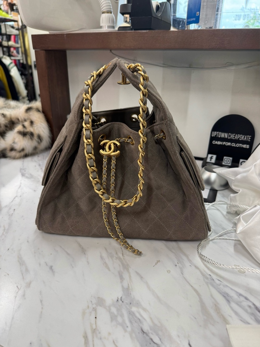 CHANEL 25 Quilted Drawstring Shoulder Bag - Taupe with Gold Hardware